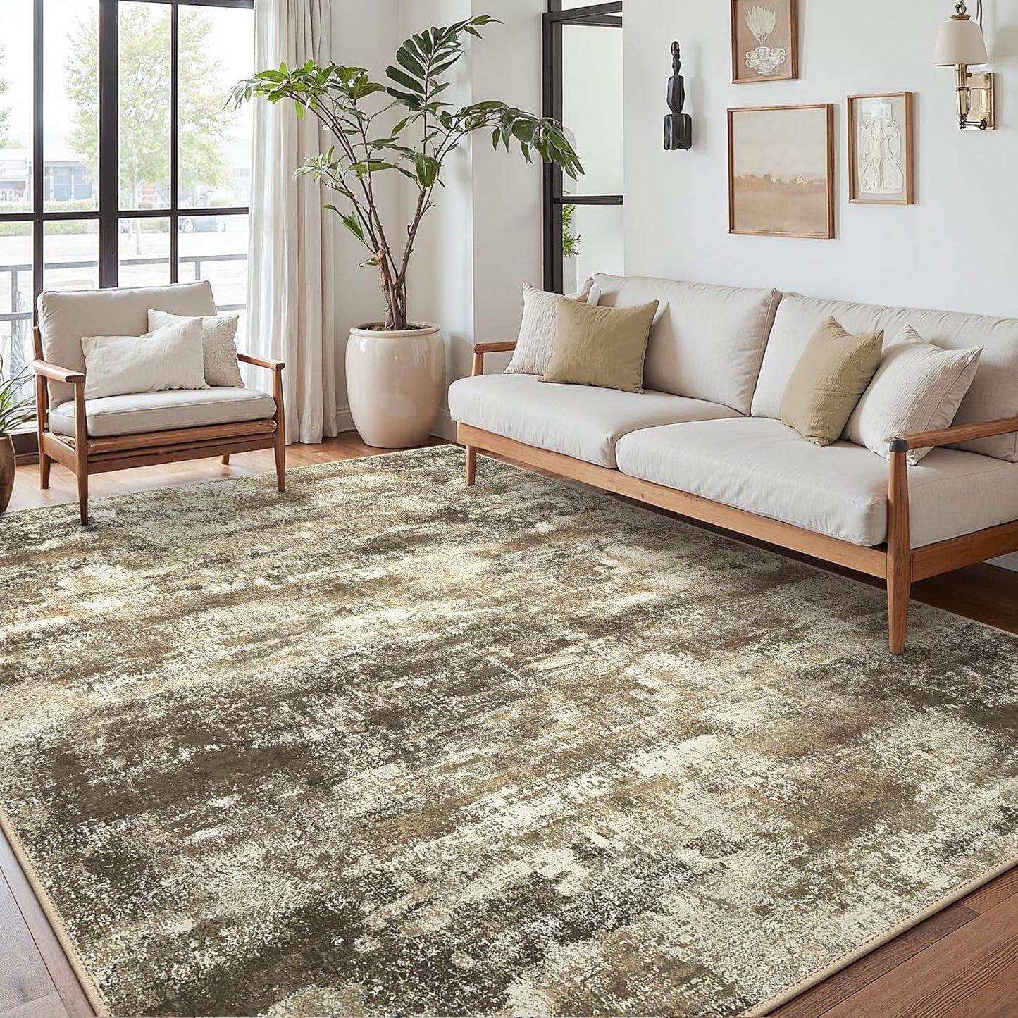 Area Rugs 8x10 for Living Room Bedroom, Modern Abstract Machine Washable Rug, Large Soft Low Pile Floor Cover with Non Slip Backing for Dining Room, Brown