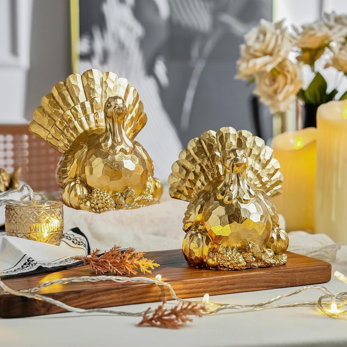 Thanksgiving Turkeys Decor, Gold Resin Turkey Figurine, Turkeys Statue for Decorating, Large Turkey Centerpiece for Table Kitchen Decoration, Harvest Home Decor