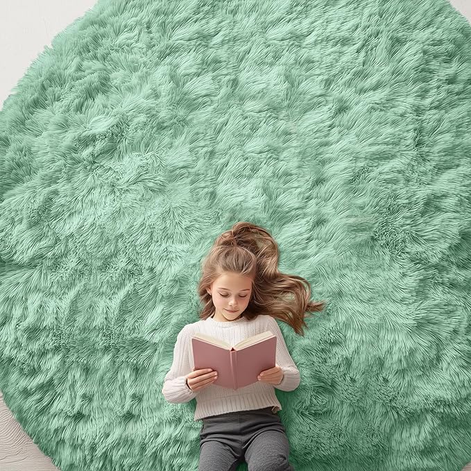OLANLY Mint Green Round Rugs for Bedroom - Machine Washable, 9 ft Circle Area Rugs for Living Room, Soft and Fluffy Shaggy Carpet for Teen Girls and Boys, Nursery Rooms, Dorms, Home Decor Aesthetic