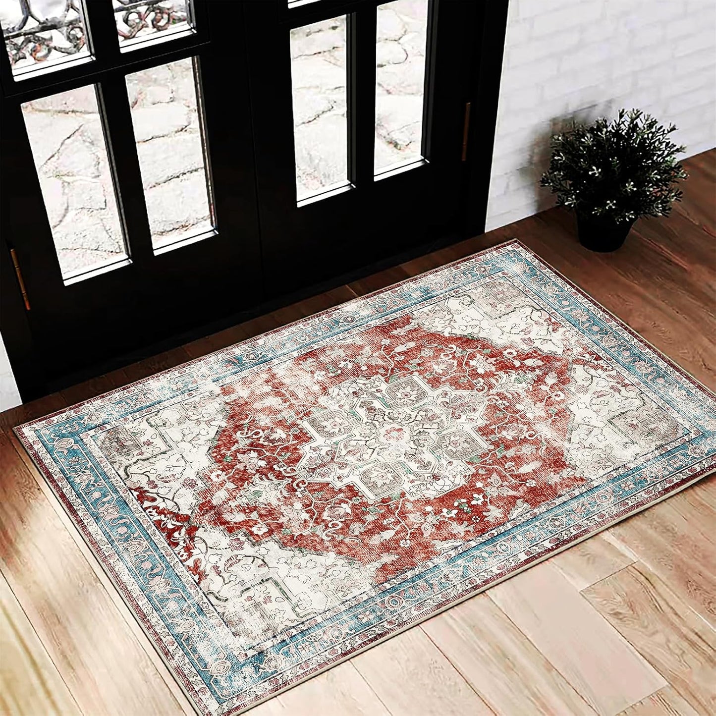 Red Blue 2'x3' Washable Area Rugs Door Mat Vintage Distressed Doormat Indoor Entrance Traditional Floral Print Non Slip Carpet Thin Rug for Kitchen Bathroom Bedroom Living Room