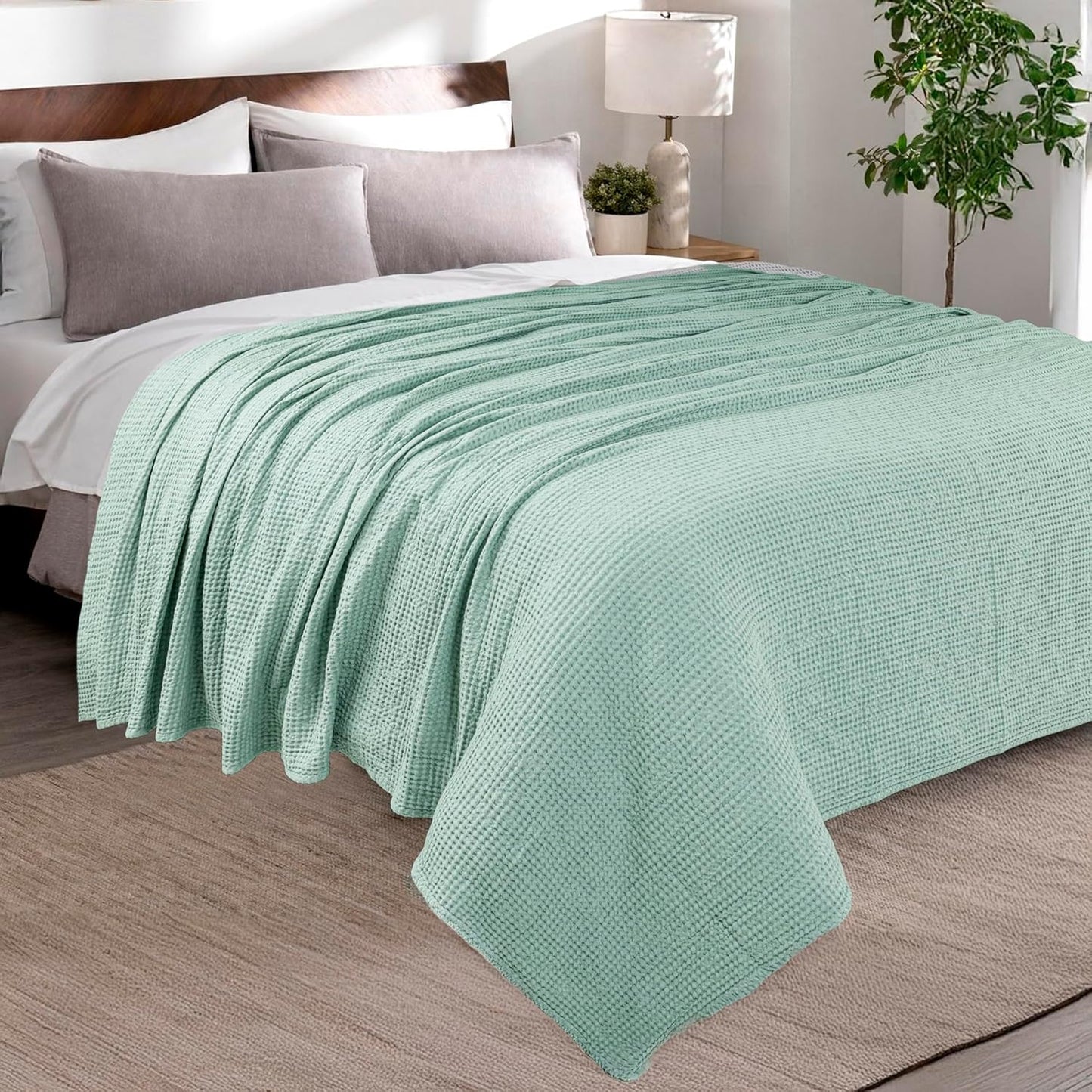 HILLFAIR 100% Combed Cotton Blanket– Queen Size Bed Blanket– Warm Soft All Season Breathable Lightweight Summer Blankets– Waffle Weave Home Decor Bed Blanket- Sage Queen Bed Cotton Blankets/Bedcover