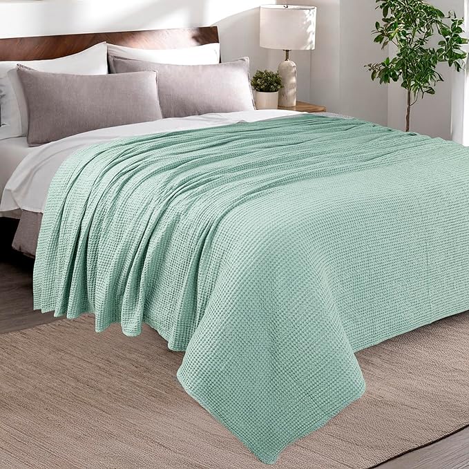 HILLFAIR 100% Combed Cotton Blanket– California King Size Bed Blankets Warm Soft All Season Breathable Lightweight Summer Waffle Weave Home Decor Blanket- Sage California King Cotton Blankets/Bedcover