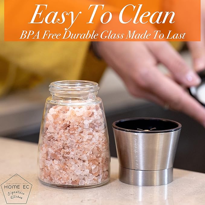 Home EC Original Stainless Steel Sea Salt and Pepper Grinder Set of 4 - Adjustable Ceramic - Glass Salt and Pepper Shakers Mills - Modern Kitchen Spice Mill W/Funnel & EBook