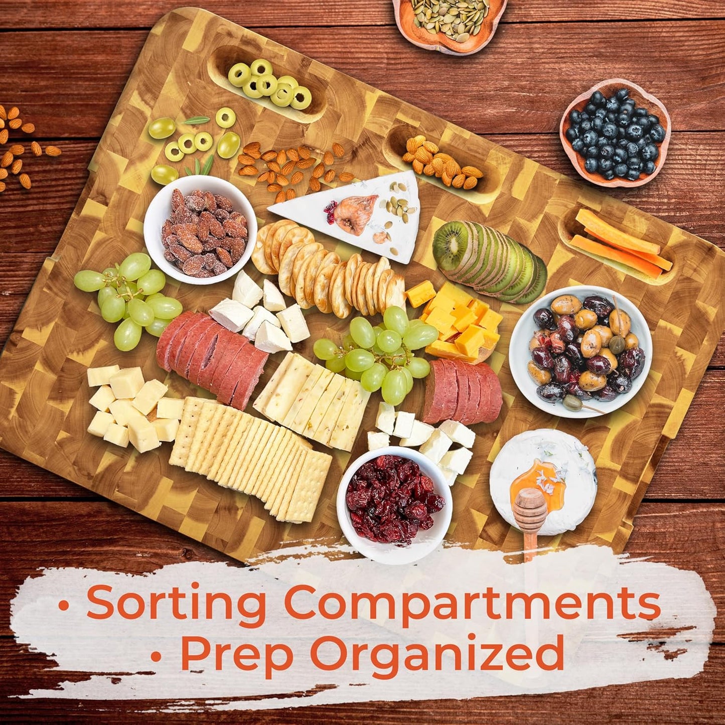 HOMESTEAD End Grain Acacia Wood Cutting Boards 24x18x1.5 – Butcher Block Chopping Board with Sorting Compartment, Juice Grooves & Handles – Non-Toxic Kitchen Board for Food Prep, Home Decor