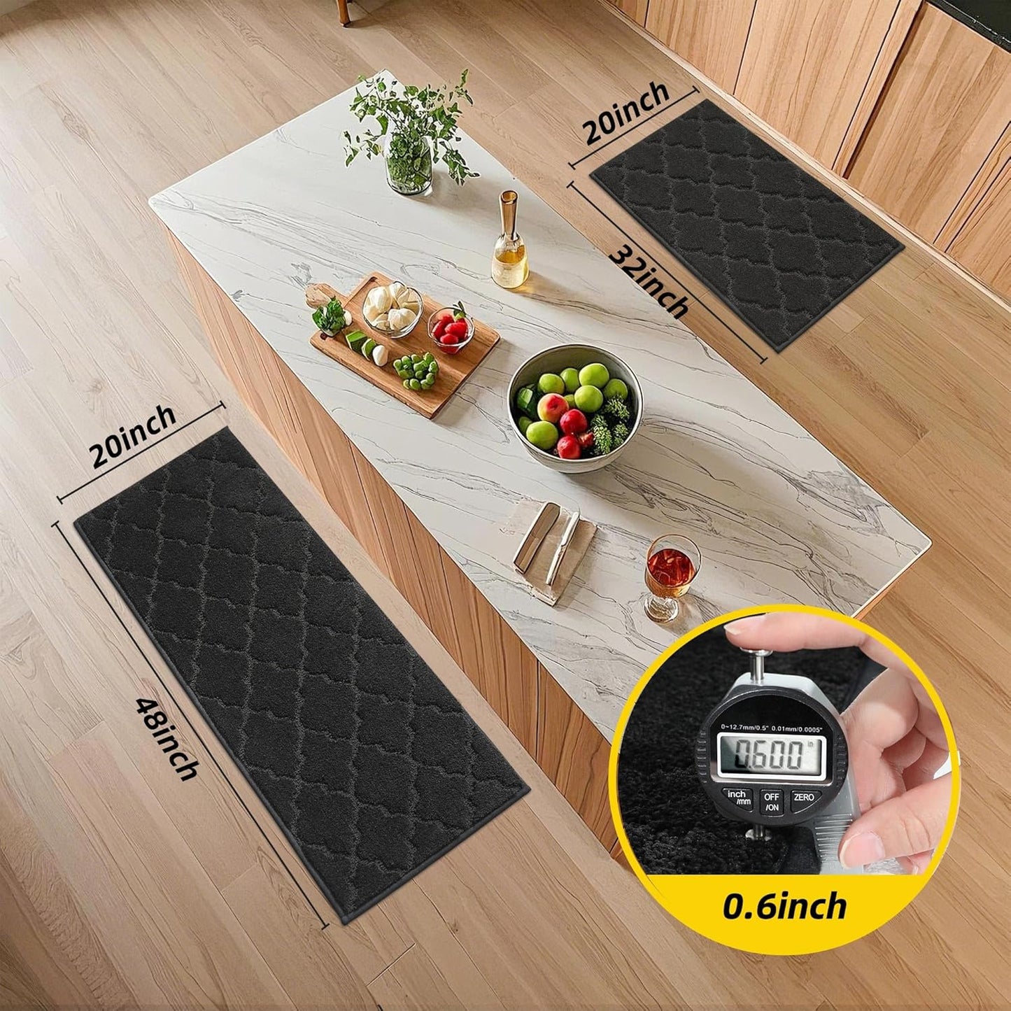 JSEI Kitchen Rugs, Non-Slip Kitchen Mats for Floor, Soft Washable Absorbent Kitchen Mats 2 Pieces, Kitchen Carpet Runner with TPR Backing, Polyester, 20”x32”+20”x48”, Black