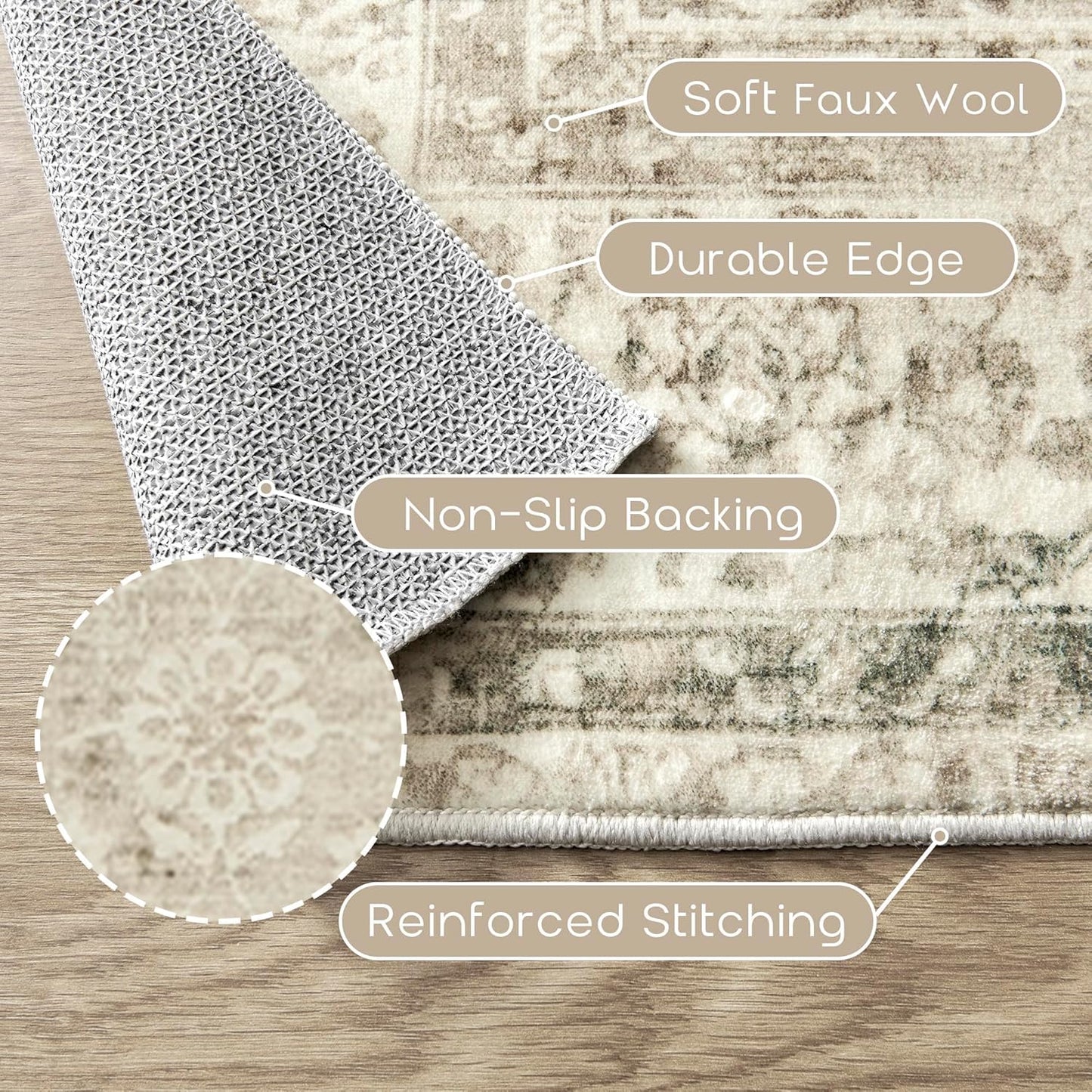 Cream and Light Tan Area Rugs Washable Rug for Living Room Bedroom, Faux Wool Soft No Slip Floral Boho Vintage Extra Large Carpet for Dining Room 9x12