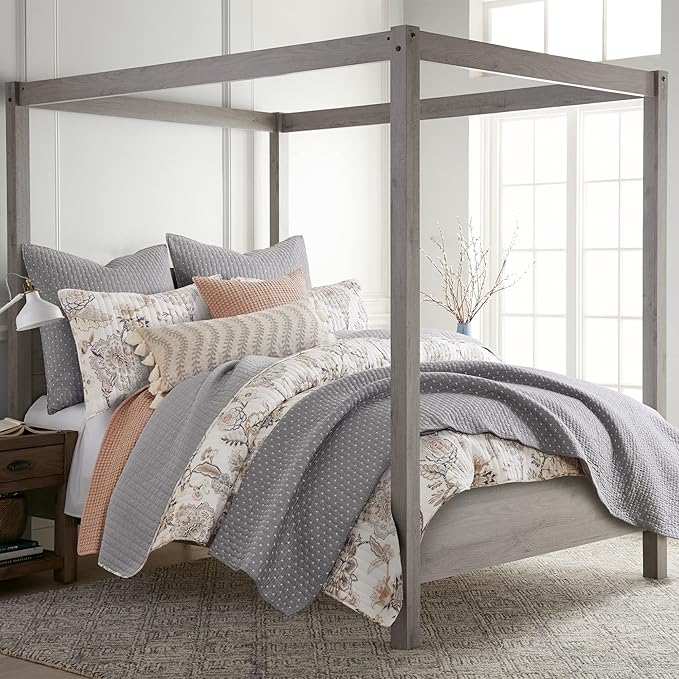 Levtex Home Cross Stitch Reversible Twin XL/Twin Quilt Set (68x86in) with 1 Pillow Sham (26x20in) - Stitch Texture - Grey and White - Cotton Twin Size Quilt Bedding Set - Lightweight Soft Pre-Washed