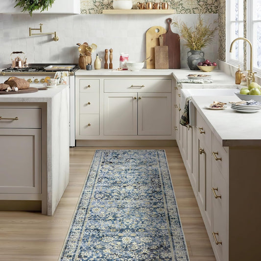 Vintage Design Flower Area Rug Distressed Carpet Multi 2x6 Cover Print Rug Kitchen Living Room Bedroom Dining Room,Blue