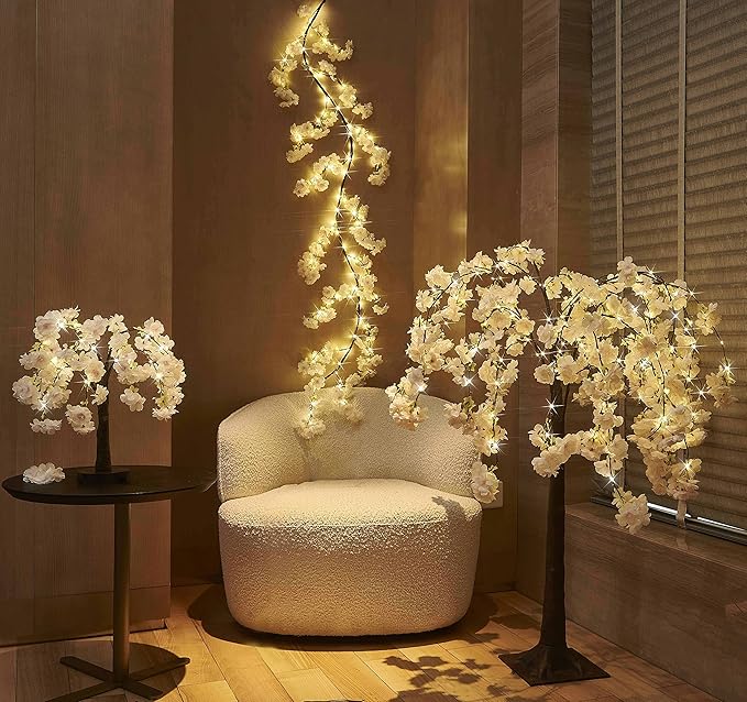 LITBLOOM Cherry Blossom Garland with Lights Battery Operated with Timer 96 Fairy Lights 6FT, Lighted White Flower Garland for Mantle Fireplace Wedding Party Spring Decoration Indoor Outdoor