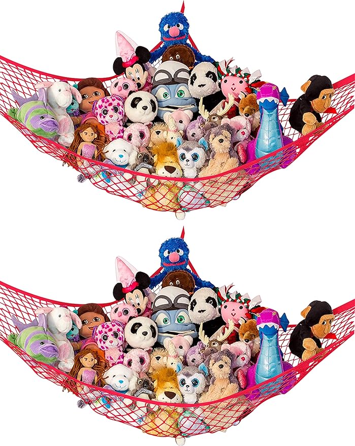 Lilly's Love Stuffed Animal Hammock | Corner Hanging Organizer, Toy Storage, Stuffed Animal Storage Net | Made from Quality Fishing Net, Holds 12lbs | 67"x47"x47" (Red, 2 Pack)