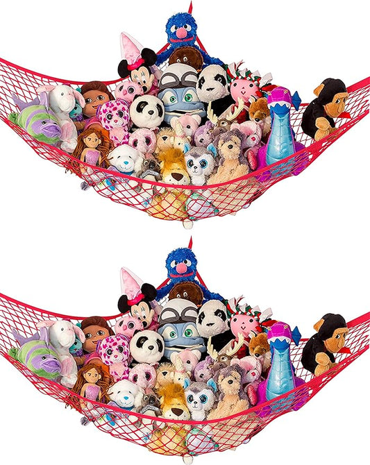 Lilly's Love Stuffed Animal Hammock | Corner Hanging Organizer, Toy Storage, Stuffed Animal Storage Net | Made from Quality Fishing Net, Holds 12lbs | 67"x47"x47" (Red, 2 Pack)