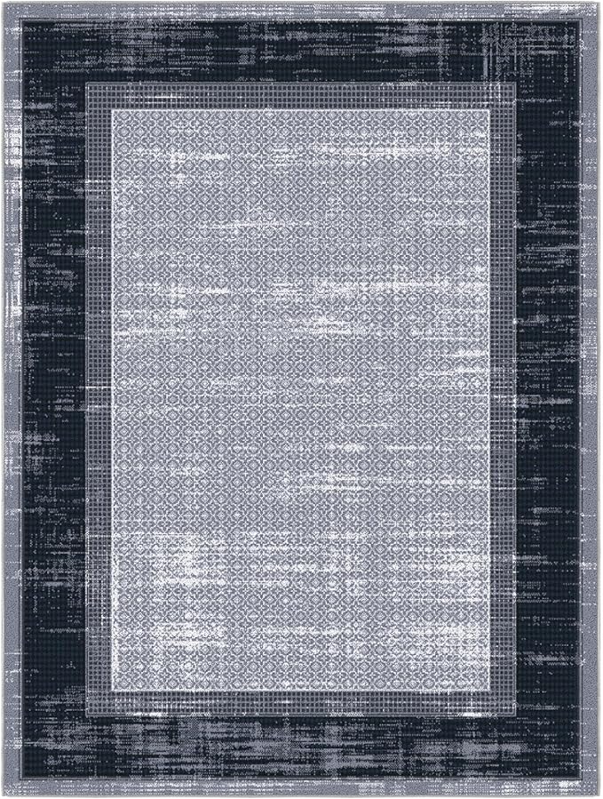 Ottomanson 5' x 6'6" Rugs for Living Room Border Area Rug for Bedroom - Non Slip Durable Large Floor Carpet for High Traffic Areas - Indoor Rug for Dining Room Kitchen Kids Playroom, Gray/Navy