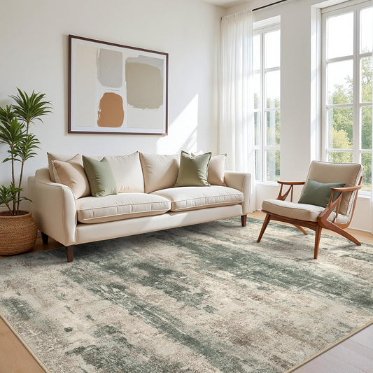 Area Rugs 10x14 for Living Room Bedroom, Modern Abstract Machine Washable Rug, Large Soft Low Pile Floor Cover with Non Slip Backing for Dining Room, Muted Green/Beige