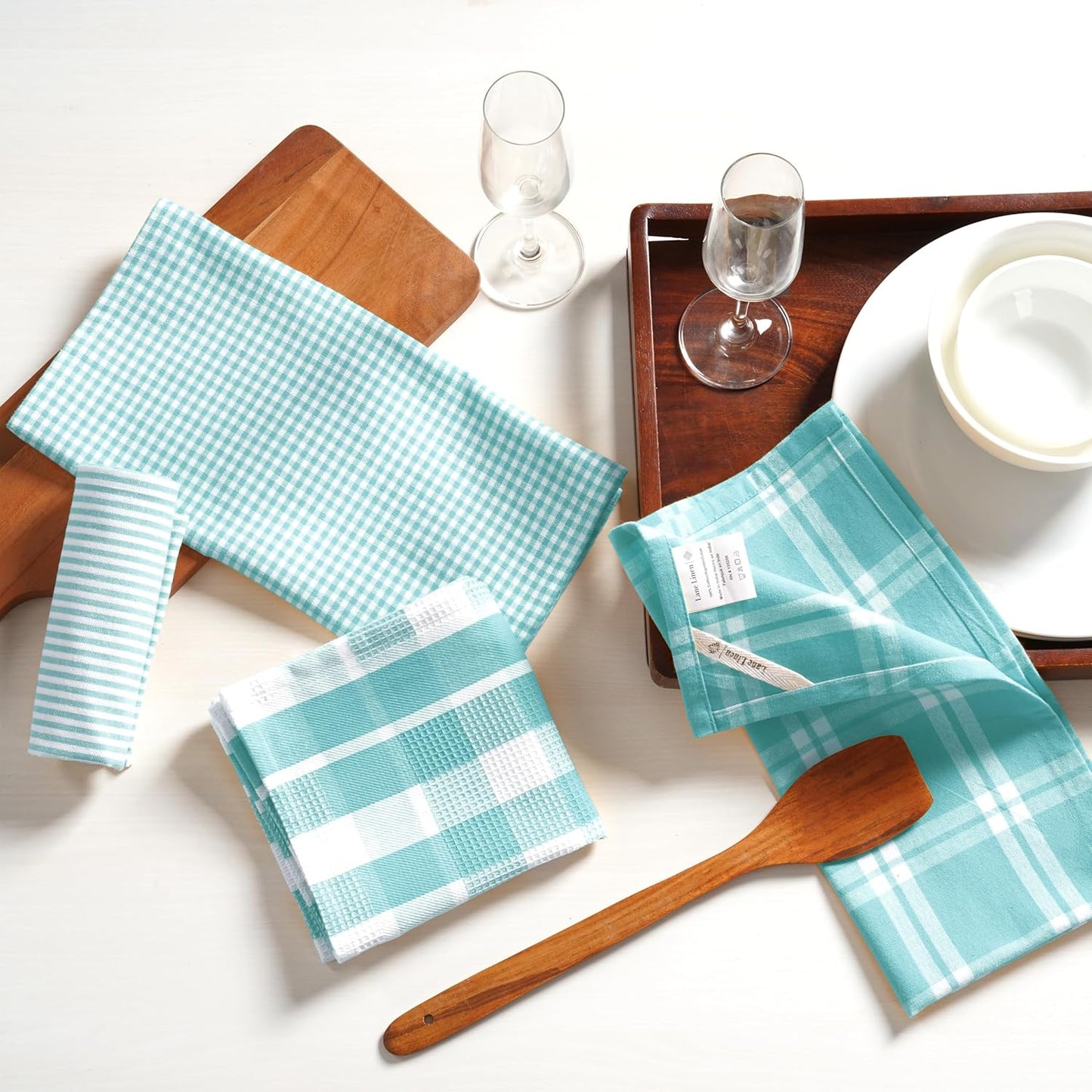 LANE LINEN 100% Cotton Kitchen Dish Cloths, Ultra Soft Absorbent Quick Drying Dish Towels, Multiweave Wash Cloths Dish Towel Sets, 13x28 Inches, 4 Pack - Aqua