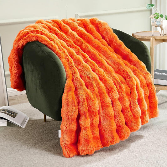 JONIYEAR Solid Fall Bubble Faux Rabbit Fur Throw Blanket for Couch 50" x 60", Decorative Comfy Puffy Warm Fuzzy Blanket for Winter, Extra Thick Shaggy Cozy Comfy Fluffy Blankets for Adult Kids, Orange