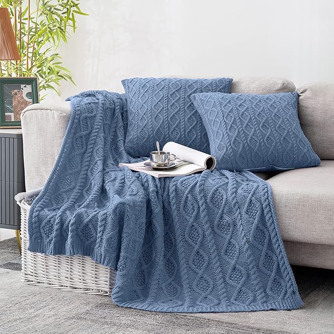 Homiest Dusty Blue Cable Knit Throw, 60 x 80 Inch, Lightweight Acrylic Knitted Blanket with Diamond Texture, Soft & Cozy for Couch, Bed, Sofa