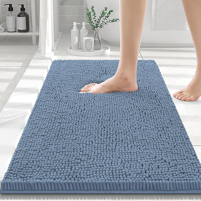 Smiry Luxury Chenille Bathroom Rugs 30x20, Extra Soft and Absorbent Shaggy Bath Mat, Machine Washable, Non-Slip Plush Carpet Runner for Tub, Shower, and Floor, Home Decor Accessories, Grayish Blue