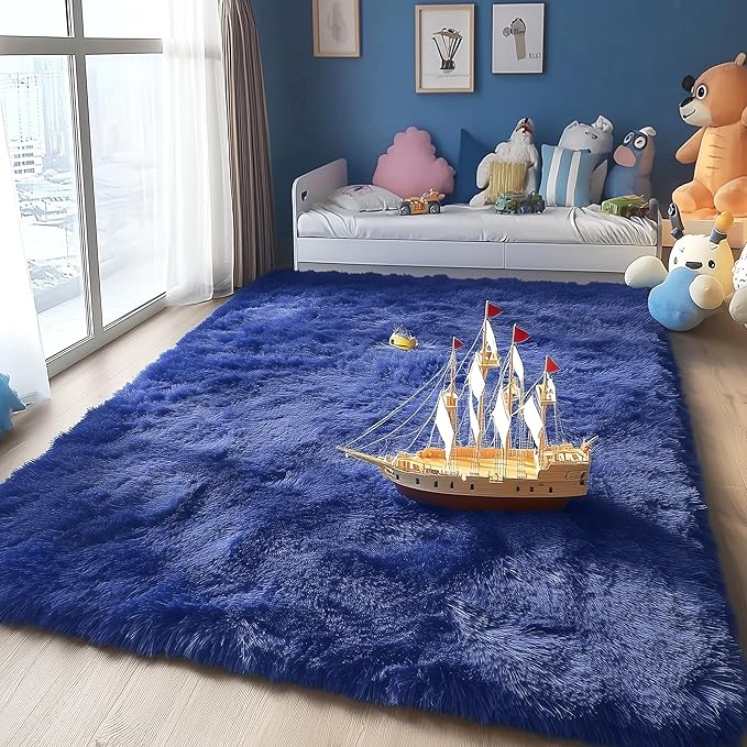 OLANLY Area Rugs for Living Room Bedroom, Machine Washable 4x5.9 ft Soft Fluffy Shaggy Bedside Rug, Indoor Floor Carpet for Kids Girls and Boys, Dorms, Nursery Rooms, Home Decor Aesthetic, Navy Blue