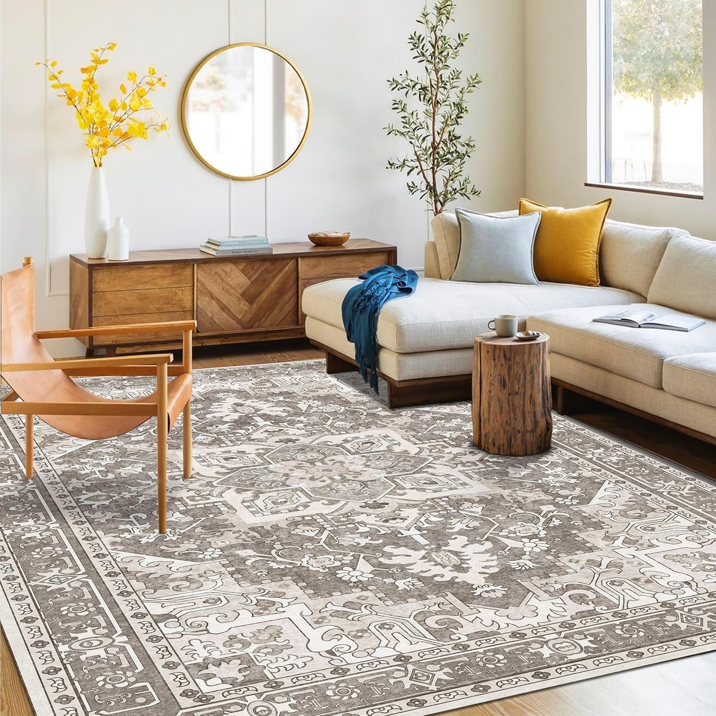 Washable Area Rug 4x6 | Non Slip Area Rug for Living Room, Bedrooms, Dining Room | Ultra-Soft Flannel Carpet Area with Rubber Backing (Brown, 4x6)