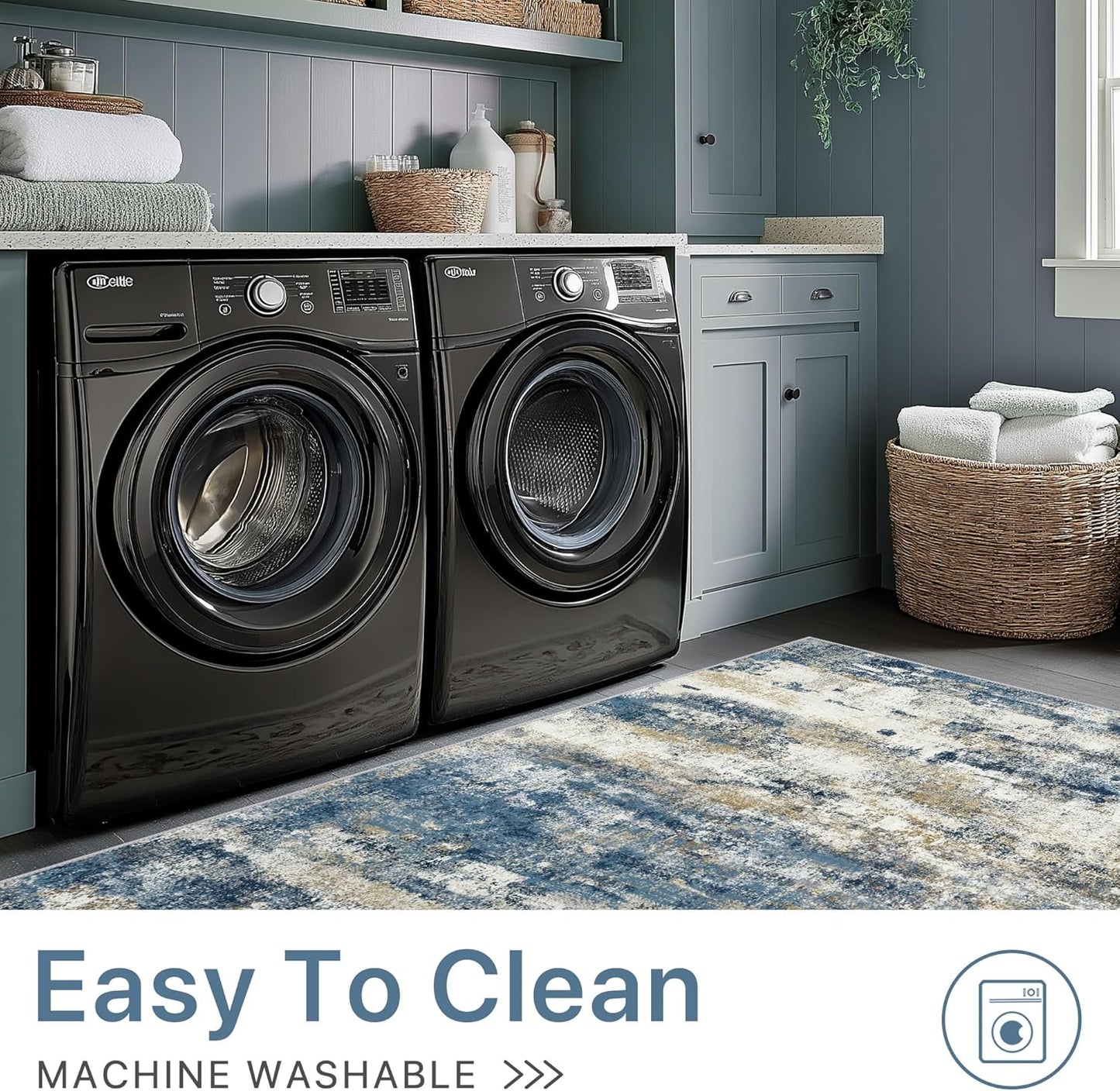 Machine Washable Rug 9x12 Area Rugs for Living Room Bedroom, Large Navy Blue Beige Abstract Area Rug Soft Throw Rugs, Low-Pile Floor Carpet with Non Slip Rubber Backing