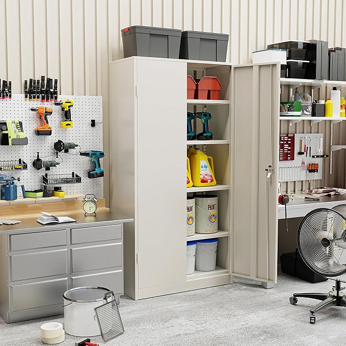 SUNCROWN 72" Metal Storage Cabinet - Heavy-Duty Metal Garage Cabinet with 4 Adjustable Shelves & 2 Doors for Tools, Office, Home, Workshop,Warm Grey