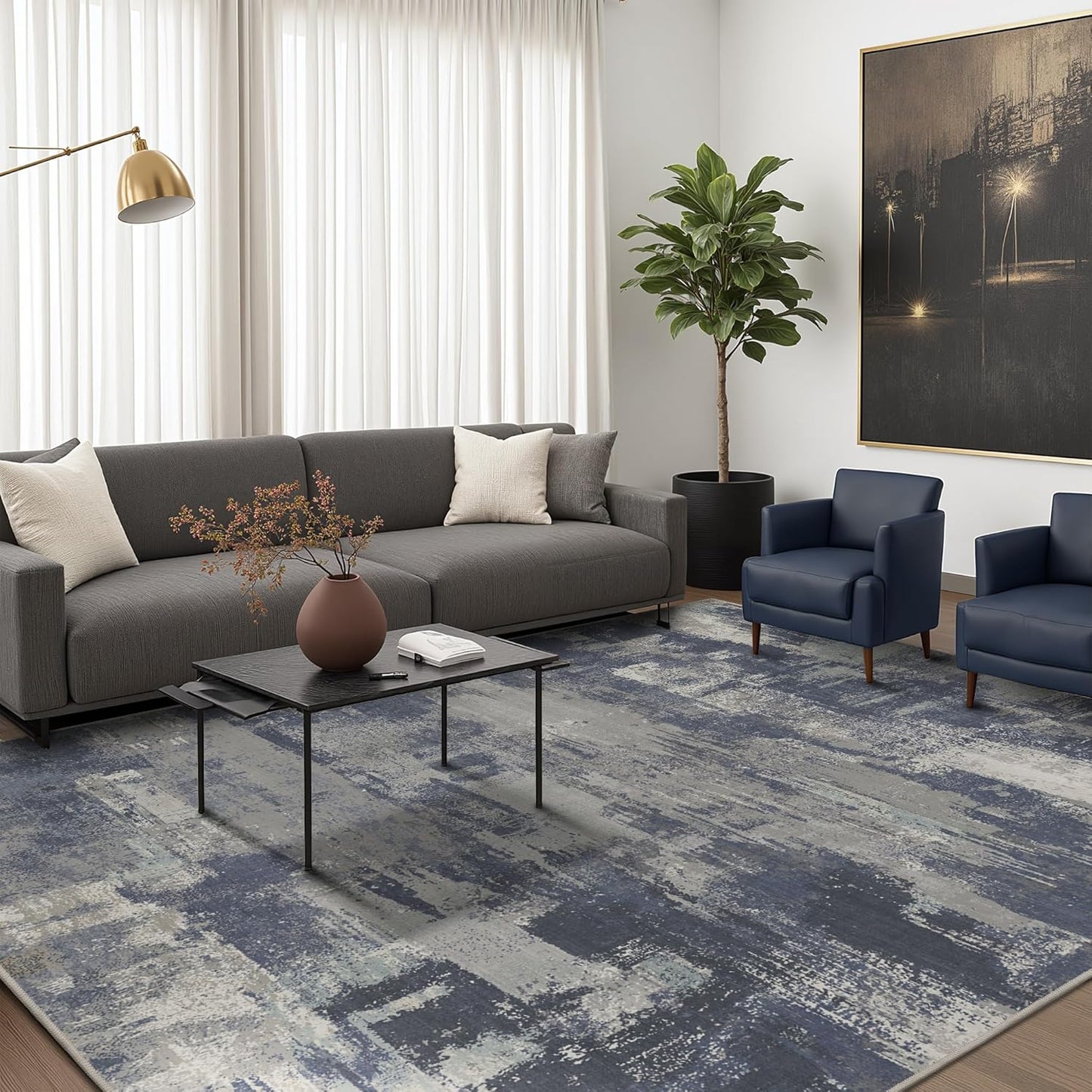 Area Rugs 8x10 for Living Room Bedroom, Modern Abstract Machine Washable Large Soft Navy Blue Rug, Low Pile Floor Carpet with Non Slip Backing for Dining Room, Harbor/Navy Blue