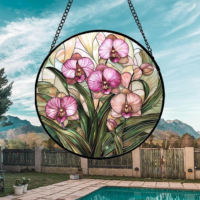 Stained Glass Window Hanging - Pink Phalaenopsis Orchid Green Leaves Sun Catcher for Door Home Decor Flower Suncatcher Christmas Mother's Day Birthday Gifts for Women Men Mom Nana 6.3 in