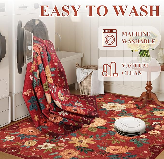 DUKINO 3x5 Area Rug, Floral Rugs for Living Room, Lightweight Non Slip Washable Rug, Indoor Low Pile & Non-Shedding Boho Design Rugs for Bedroom, Living Room, Dining Room, Red
