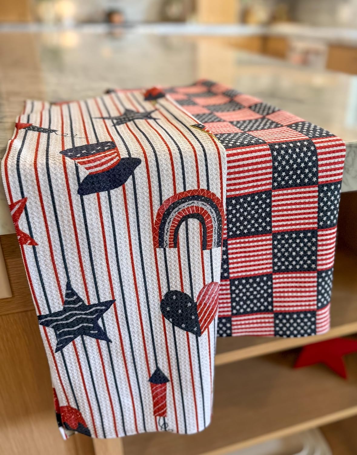 2 Pack|| Double Sided || Not Your Ordinary Kitchen Towels || Dish Towels || Quick Dry || Waffle Weave Microfiber || Designer Prints || Highly Absorbent || Hanging Hook (4th of July Navy)