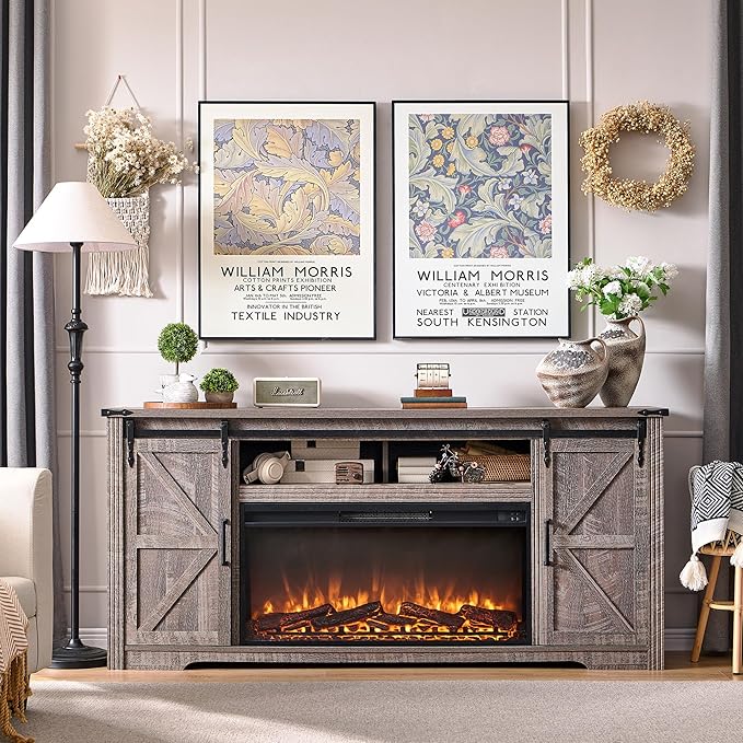 JXQTLINGMU Fireplace TV Stand for 80 Inch TV, Farmhouse Entertainment Center with 36" Fireplace, Modern Media Console with Sliding Barn Door & Storage Drawers for Living Room, Grey