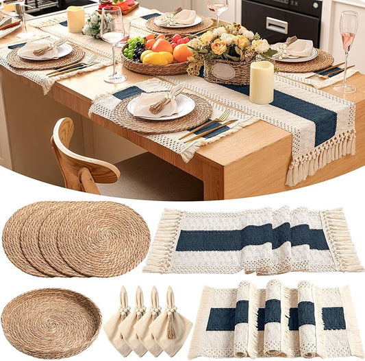 4 Sets Boho Placemats Round Woven Placemats, Cloth Napkins, Wood Bead Napkin Rings, Long Table Runner and Farmhouse Rustic Natural Burlap Cotton for Kitchen Dining Table Home (Blue)