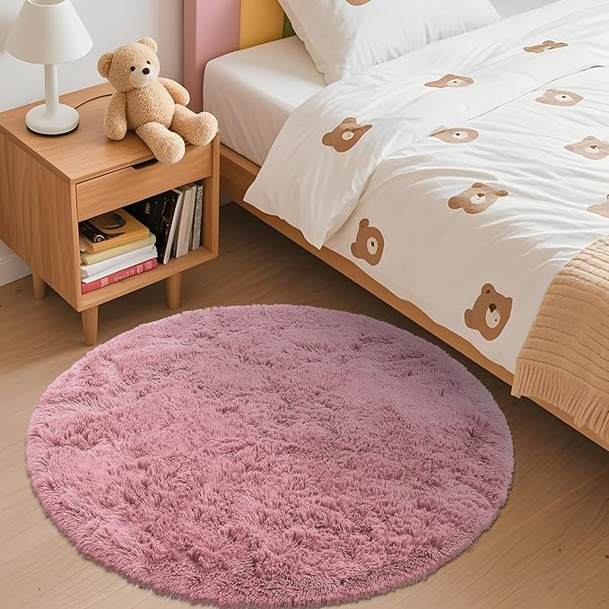 OLANLY Pale Pink Round Rugs for Bedroom - Machine Washable, 3 ft Circle Area Rugs for Living Room, Soft and Fluffy Shaggy Carpet for Teen Girls and Boys, Nursery Rooms, Dorms, Home Decor Aesthetic