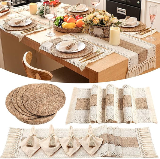 4 Sets Boho Placemats Round Woven Placemats, Cloth Napkins, Wood Bead Napkin Rings, Long Table Runner and Farmhouse Rustic Placemats Natural Burlap Cotton for Kitchen Dining Table Home