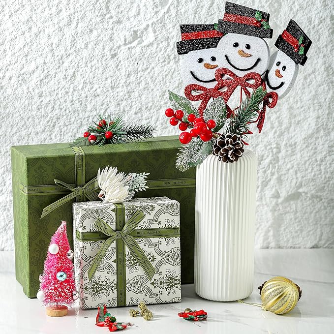 6Pcs Red Black Snowman Head Picks, Christmas Tree Decoration, Ornaments for Home Office Party