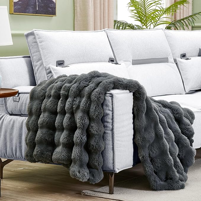 JONIYEAR Large Solid Thick Bubble Faux Rabbit Fur Bed Blanket Full Size 70" x 80", Decorative Cute Cozy Fluffy Gray Warm Blanket for Winter, Reversible Big Luxe Fuzzy Comfy Shaggy Furry Blankets, Grey