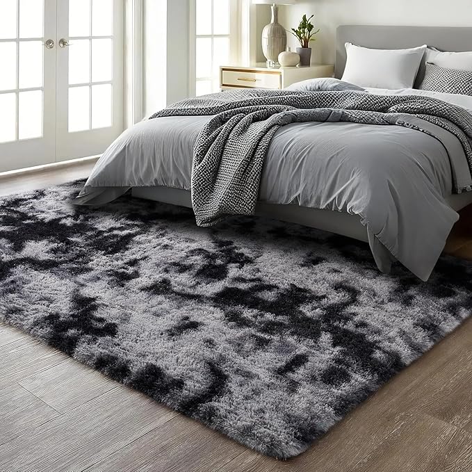 Ophanie Tie-Dyed Black & Grey Area Rugs for Living Room 5x7, Fluffy Shag Fuzzy Plush Soft Carpets, Floor Shaggy Rug for Bedroom, Carpet for Kids Boys Girls Dorm Nursery Home Decor Aesthetic