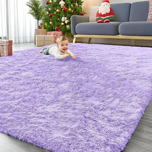 OLANLY 9x12 Machine Washable Large Area Rugs for Living Room, Bedroom, Soft Fluffy Shaggy Bedside Rug, Indoor Floor Carpet for Kids Girls and Boys, Dorms, Nursery, Home Decor Aesthetic, Light Purple