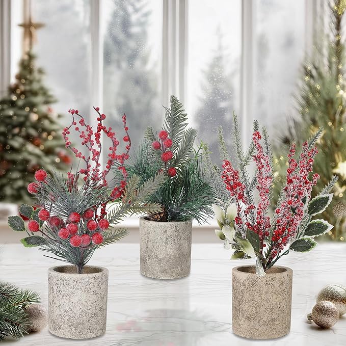 winemana Mini Christmas Tree Table Decorations Indoor, 3 Pcs Small Artificial Xmas Trees Decoration with Red Berries Pine Cone for Centerpiece Kitchen Office Tabletop Home Holiday Decor