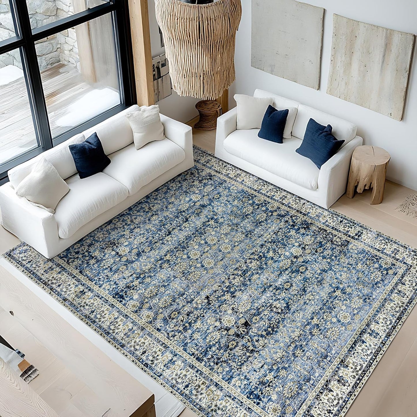 Blue Area Rugs Washable Rug for Living Room Bedroom, Faux Wool Soft No Slip Floral Boho Vintage Extra Large Carpet for Dining Room 9x12