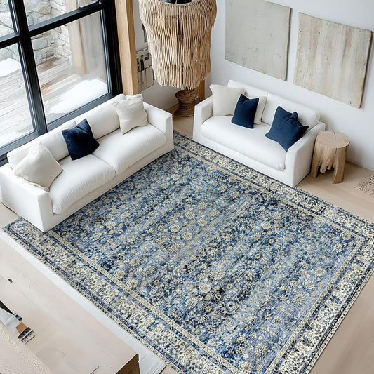 Blue Area Rugs Washable Rug for Living Room Bedroom, Faux Wool Soft No Slip Floral Boho Vintage Extra Large Carpet for Dining Room 9x12