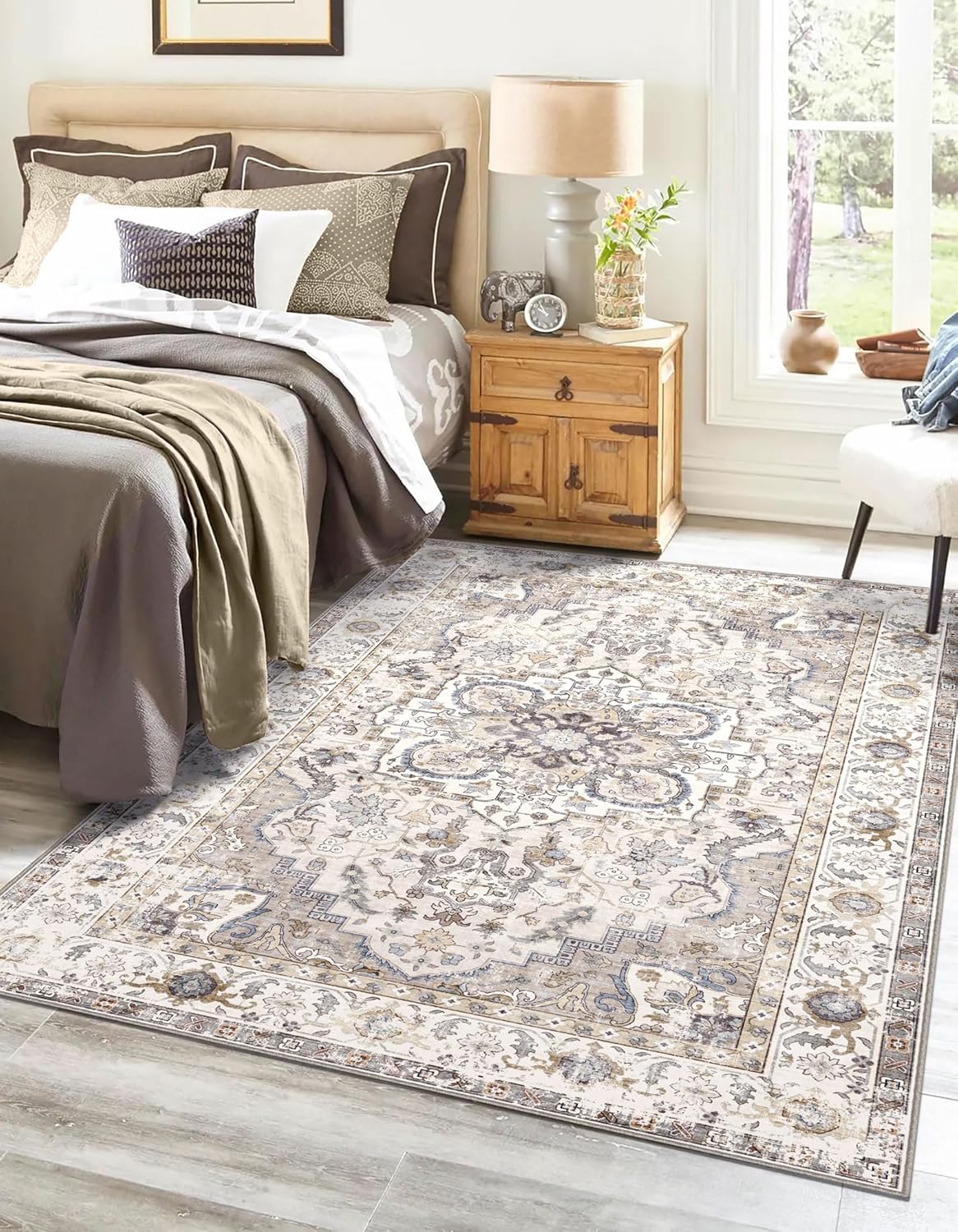 3x5 Washable Area Rug - Small Entryway Rug Non-Slip Cream Vintage Oriental Kitchen Rugs Low Pile Boho Carpet Throw Rugs for Living Room Bedroom Bathroom Entrance Dorm Office Home Decor