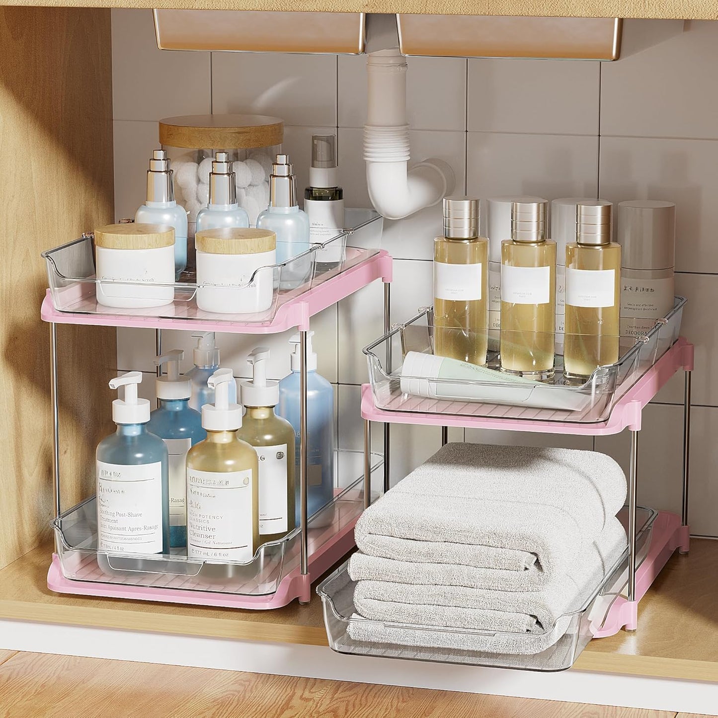 Delamu 2 Sets of 2-Tier Multi-Purpose Bathroom Under Sink Organizers and Storage, Stackable Kitchen Pantry Organization, Pull Out Medicine Cabinet Organizer with 8 Movable Dividers, Pink