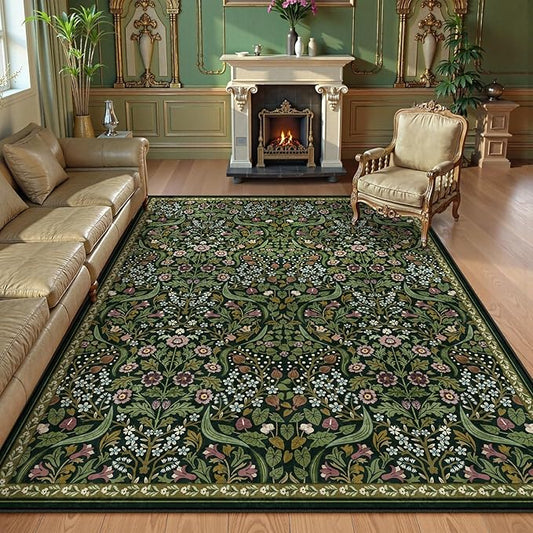 Lahome Floral 8x10 Green Living Room Rugs, Large Washable Area Rug for Bedroom Rubber Backed, Botanical Thin Stain-Resistant Carpet for Dining Room Under Table, Kids Room, Nursery