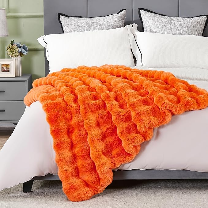 JONIYEAR Solid Fall Oversized Fuzzy Bubble Faux Rabbit Fur Throw Blanket for Bed 60" x 70", Decorative Puffy Warm Fuzzy Blanket for Winter, Thick Shaggy Cozy Furry Blankets for Adult,Twin Size, Orange