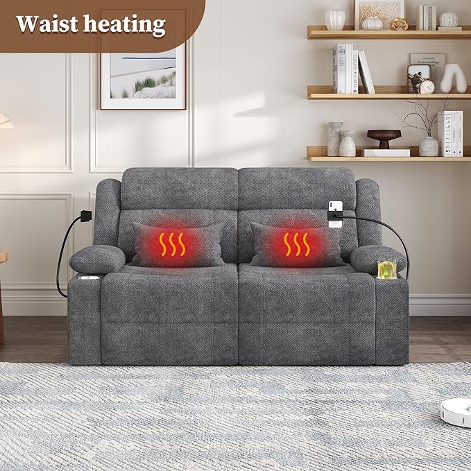 Home Theater Seating，RV Reclining Sofa Set with Adjustable Headrest， Recliner Sofa with Heat and USB&Type-C, Dawer & Cup Holders, 150° Recline for RV & Living Room(Loveseat Grey)