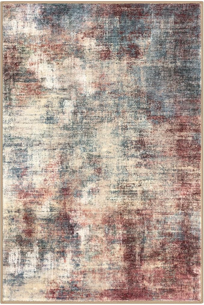 IOHOUZE Abstract Area Rug 3x5 Ft Washable Rugs for Entryway Indoor, Non Slip Kitchen Rug Printed Faux Wool Throw Rugs, Indoor Door Mat for Door Entrance Foyer Living Room, Red/Multi