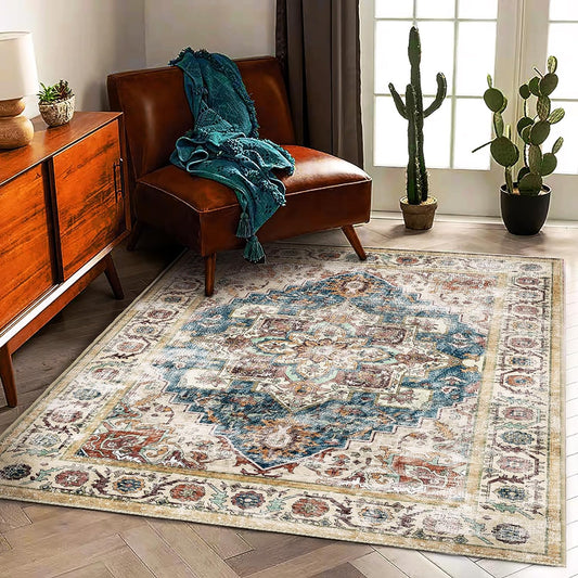 Retro Washable Area Rug 3'x5' Washable Living Room Boho Chic Medallion Distressed DesignIndoor Non-Slip Large Oriental Accent Throw Rug for Kitchen Bedroom Office Carpet