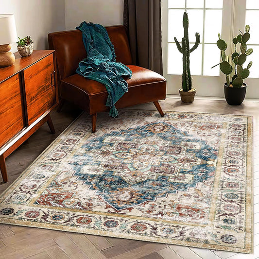 Washable Area Rug 5'x7' for Living Room Retro Beige Blue Boho Chic Medallion Distressed Design Indoor Non-Slip Large Persian Oriental Accent Throw Rug for Kitchen Bedroom Office Carpet