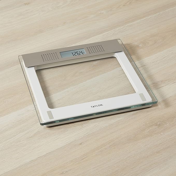Taylor Digital Bathroom Talking Scale, 5 Languages, Scales Body Weight, White Scale Clear Glass Stainless Steel Accents, 440LB Capacity, Clear Stainless Steel Accents (5294756)