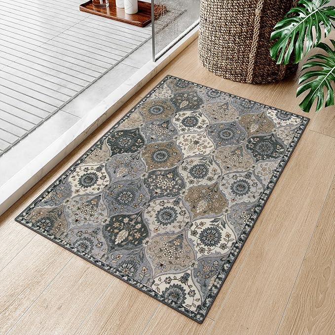 Lahome Moroccan Trellis Area Rug, 2x3 Entryway Rug Non-Slip Washable Indoor Door Mat, Small Oriental Accent Throw Carpet for Bedroom Kitchen Entry Bathroom, Grey